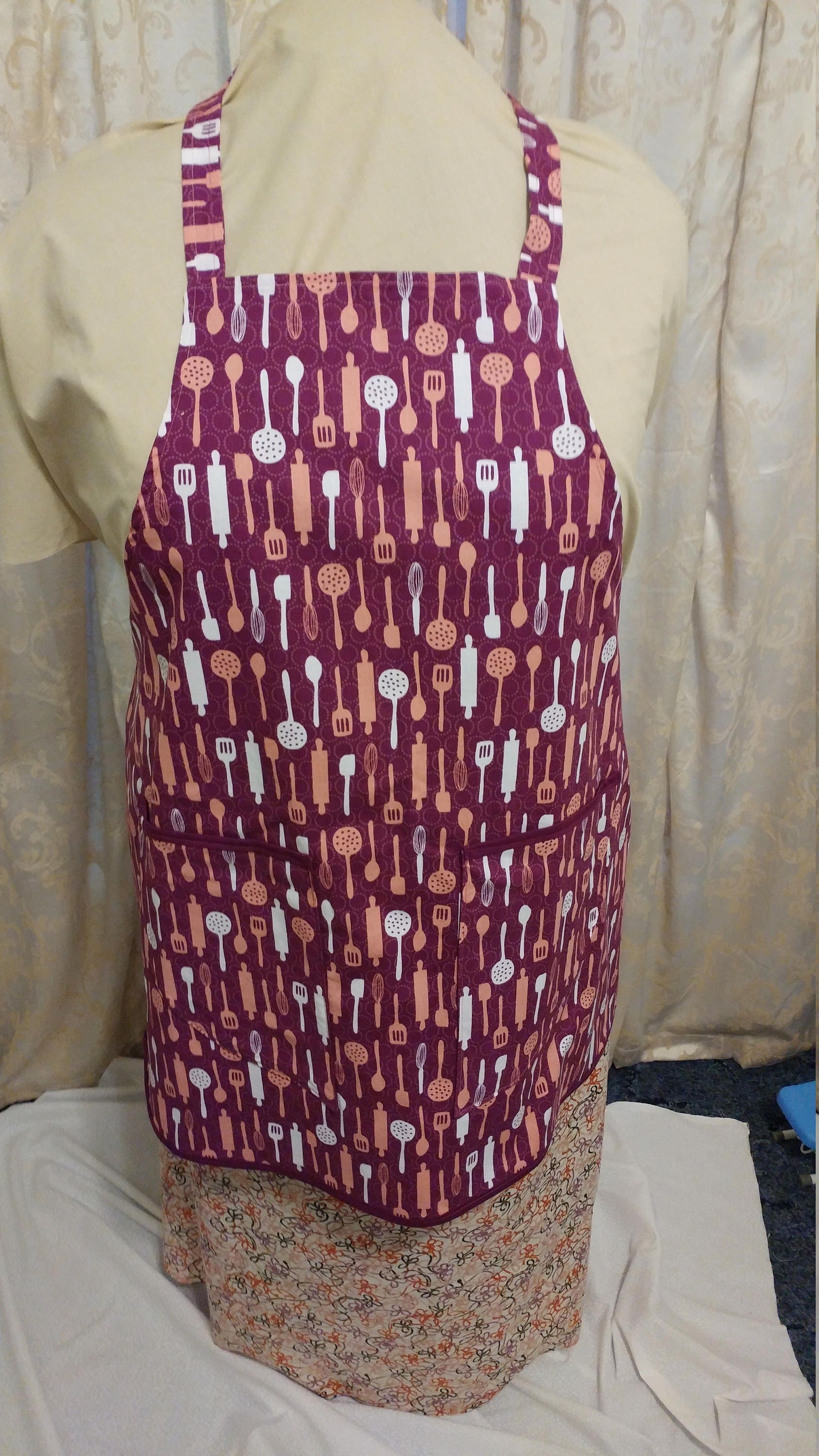 Adult Apron Vintage Print Rolling Pin & Spoons Purple