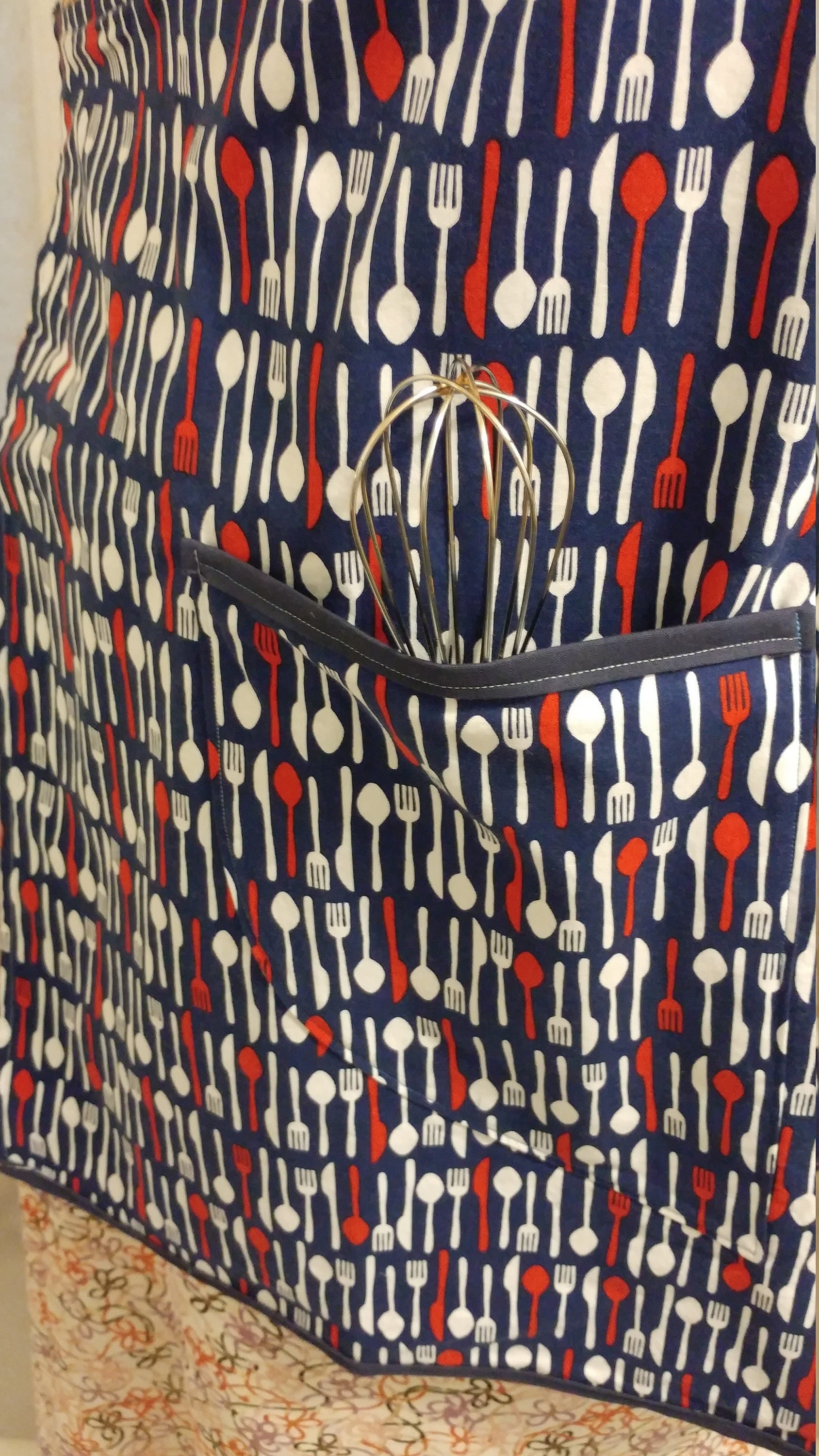 Adult Apron with Vintage Print Spoon & Fork Blue