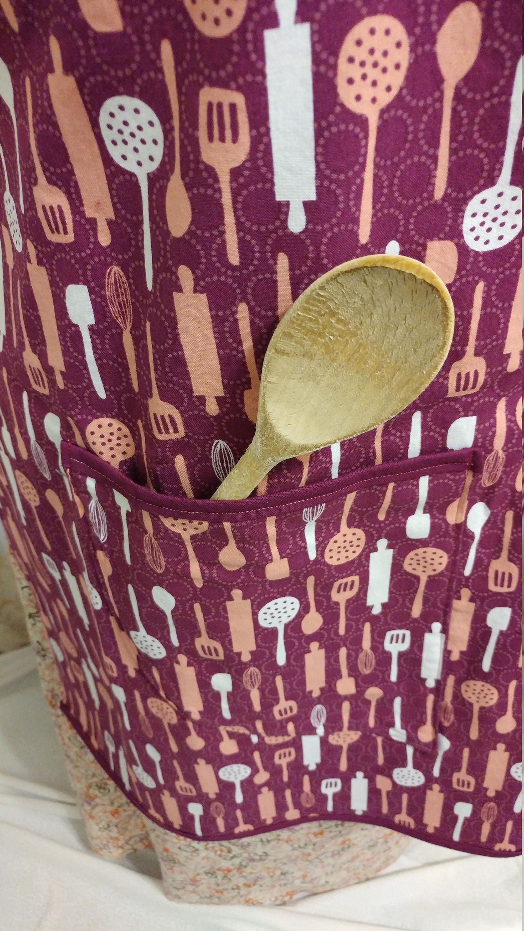 Adult Apron Vintage Print Rolling Pin & Spoons Purple