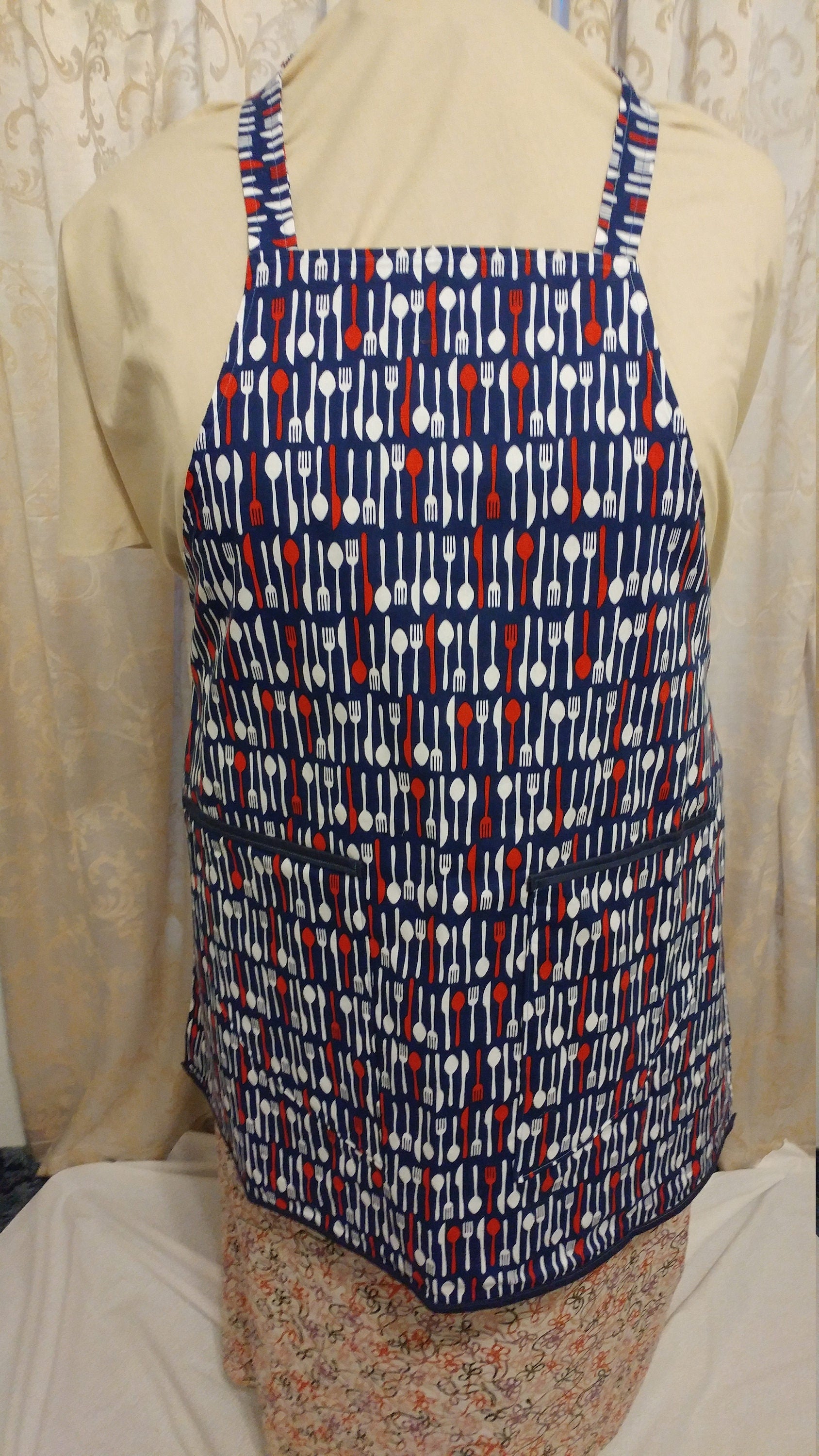 Adult Apron with Vintage Print Spoon & Fork Blue