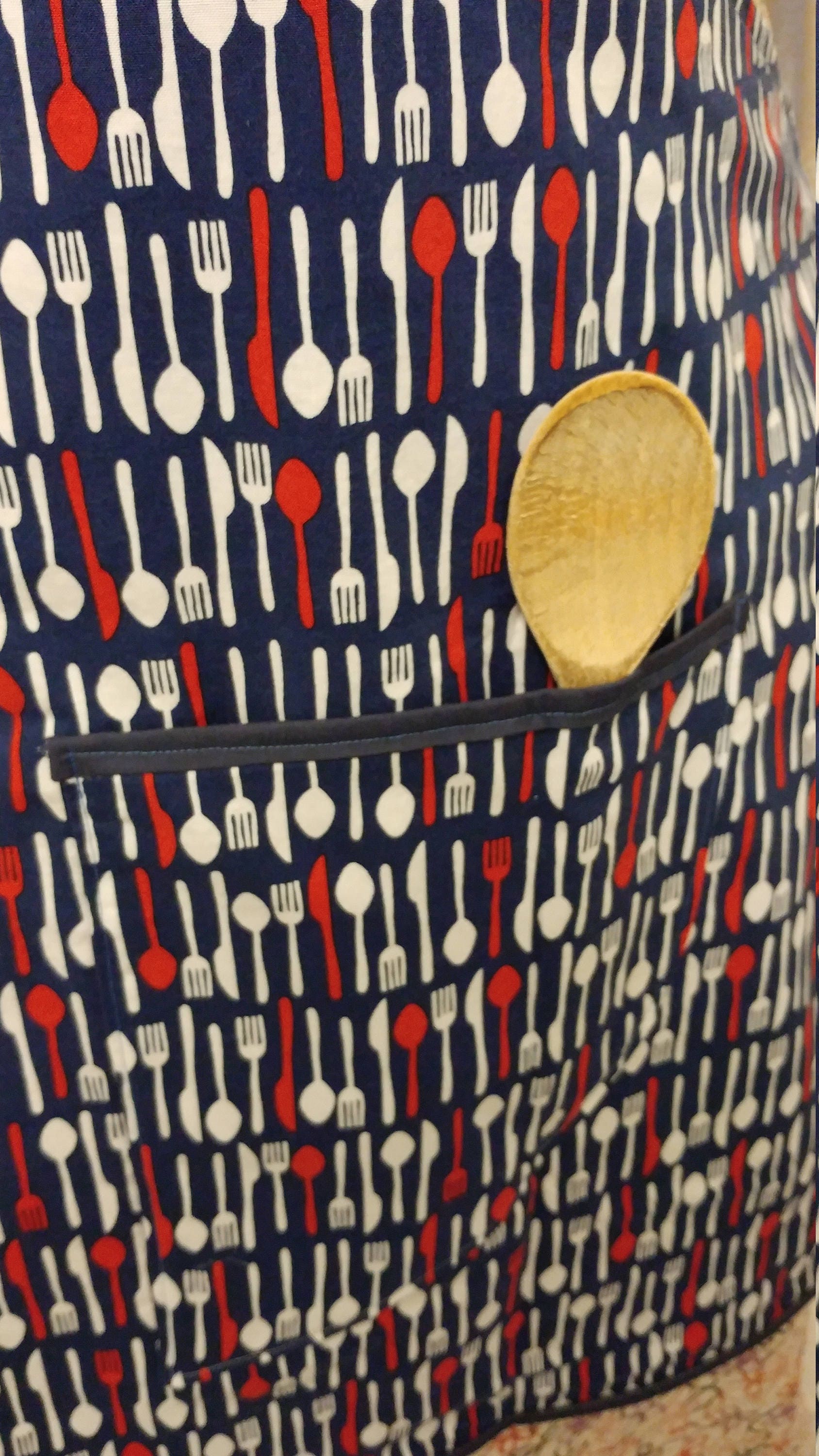 Adult Apron with Vintage Print Spoon & Fork Blue